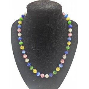 Vintage Jordan Sterling Silver Multicolor Cats Eye Beaded Necklace 18-20"